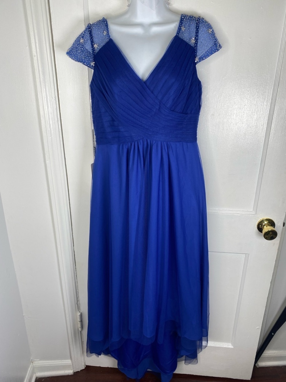 JJs House NWT Cobalt Royal  Blue V-Neck Maxi with Beaded Cap Sleeves